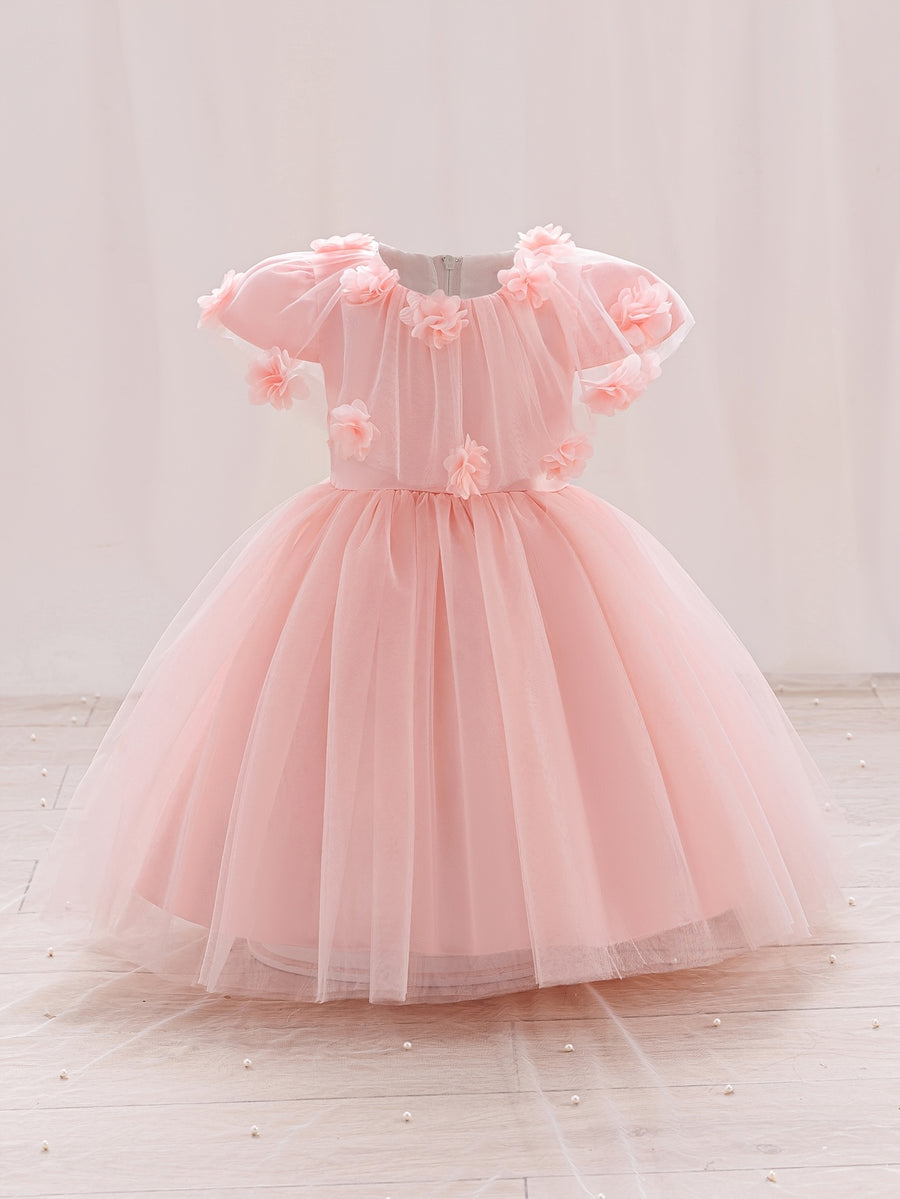Robe de princesse en tulle à fleurs 3D – Rose